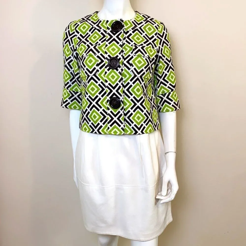 Michael Kors Jacket Lightweight Crop Lime Green Geometric Pattern Size XS